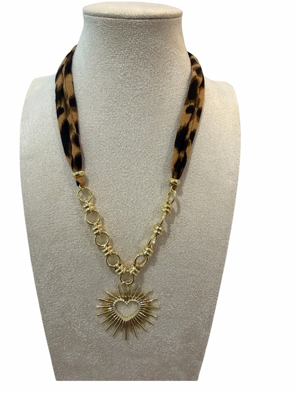 Gold Sunburst Heart Pendant Necklace with Leopard Ribbon